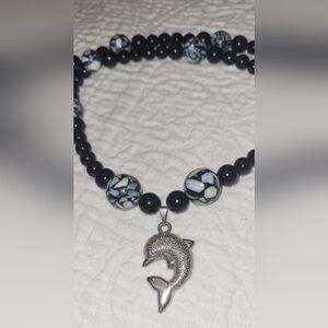 Silver Tone Dolphin Pendant Black Beaded Necklace